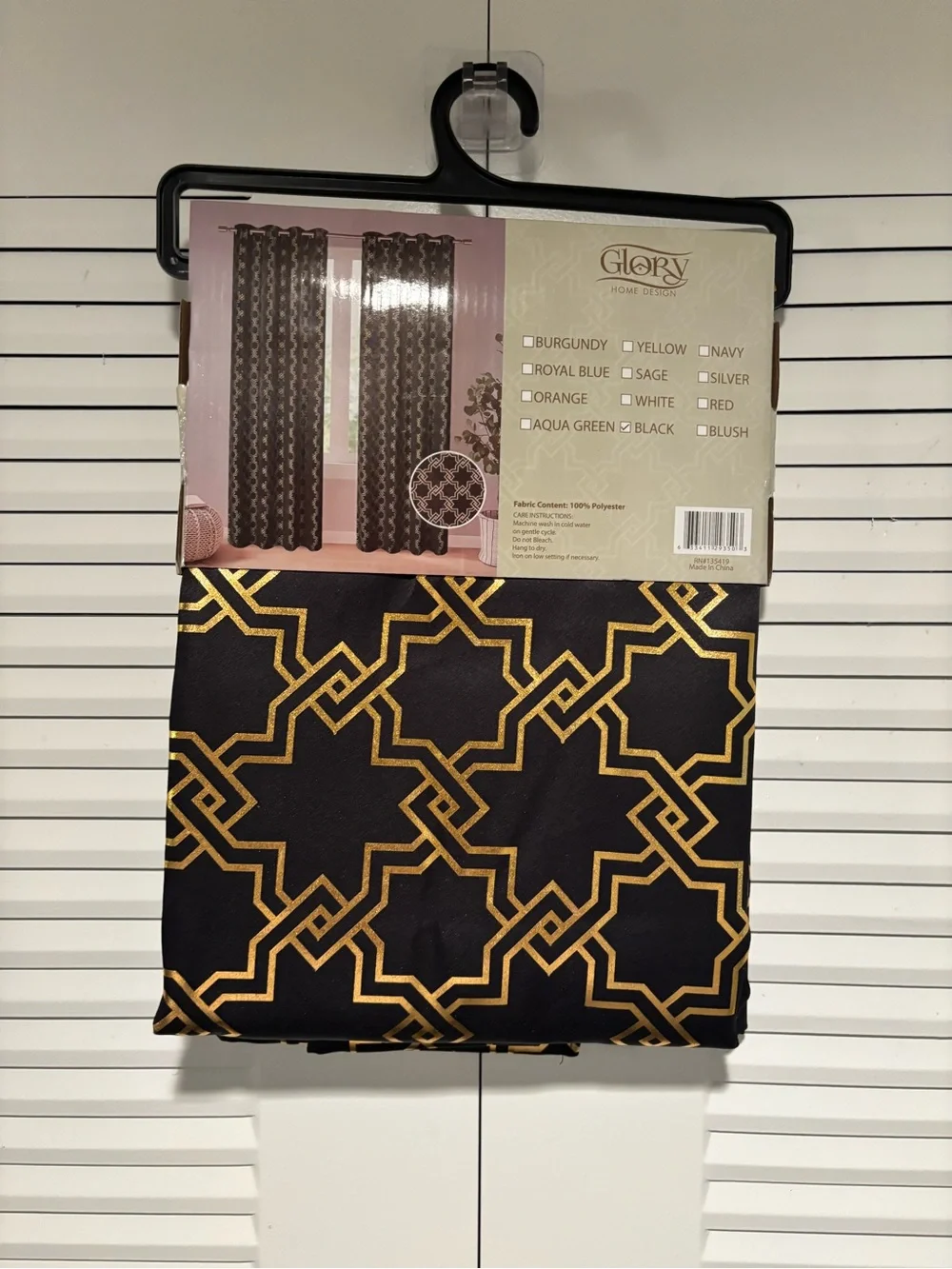 1 pair of GLO jeans Black and Gold Geometric Grommet Blackout Curtain Panel